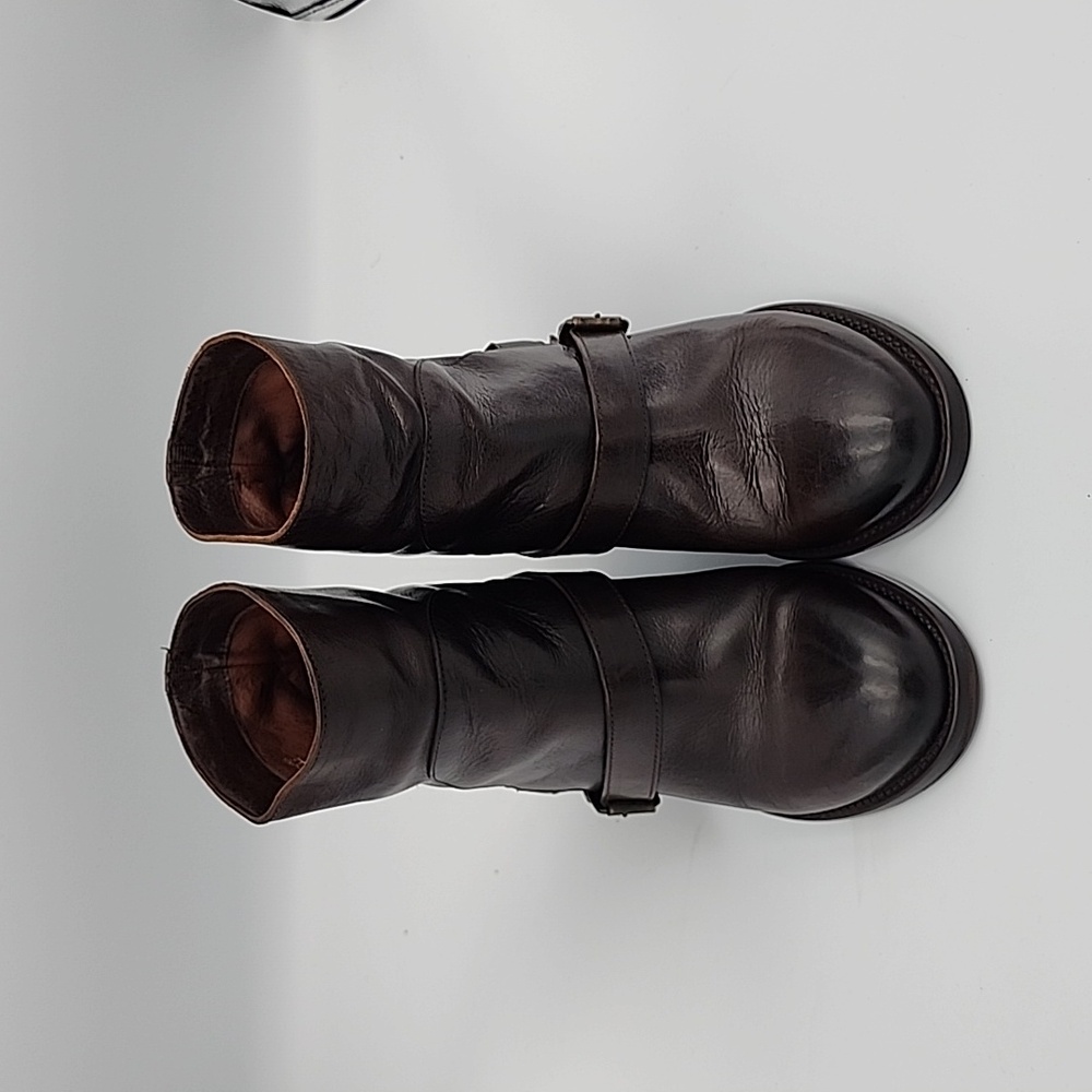 Keyté Key Te Chestnut Leather Moto Ankle Boots Size 38 Strap Heel - Picture 2 of 8
